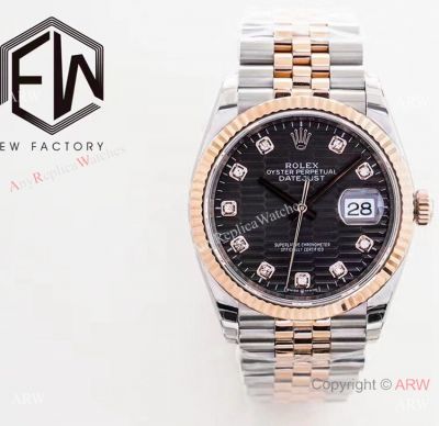 EWF Swiss 3235 Rolex Datejust Black Fluted Motif 2-Tone Rose Gold Watch 36mm